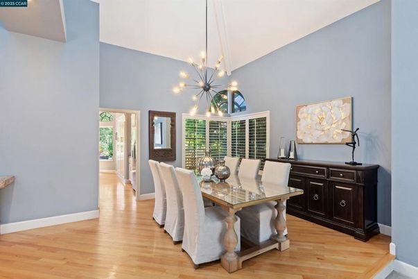 Dining room, Interior, Pendant Lights, Wood Texture Flooring