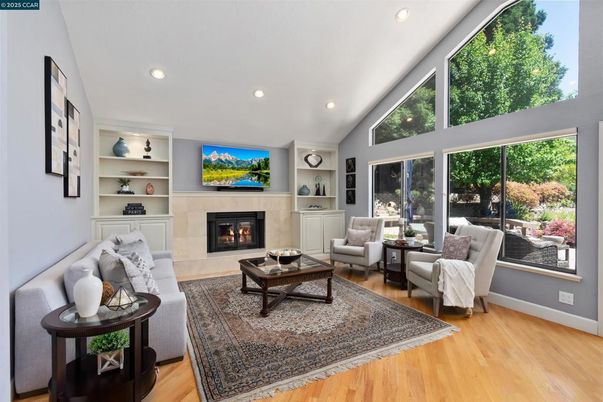 Fireplace, Interior, Living room, Recessed Lighting, Wood Texture Flooring