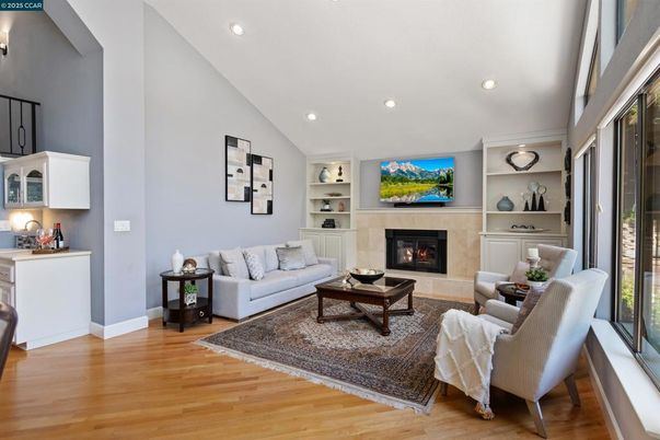 Fireplace, Interior, Living room, Recessed Lighting, Wood Texture Flooring