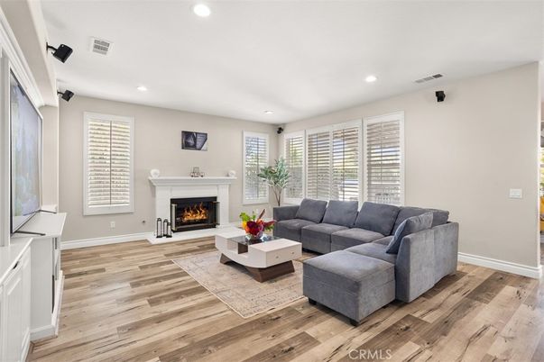 Fireplace, Interior, Living room, Recessed Lighting, Wood Texture Flooring