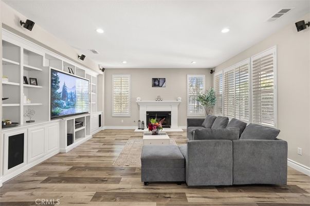 Fireplace, Interior, Living room, Recessed Lighting, Wood Texture Flooring
