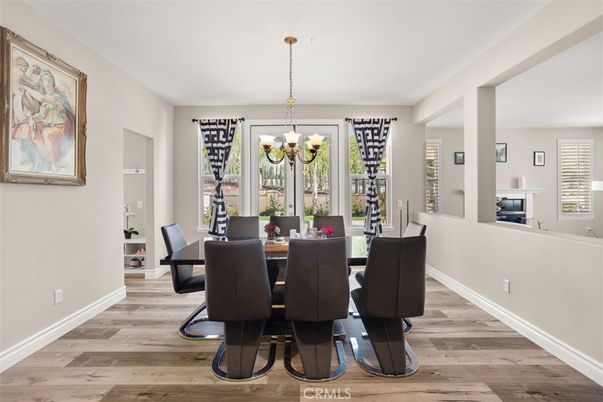 Chandelier, Dining room, Interior, Wood Texture Flooring