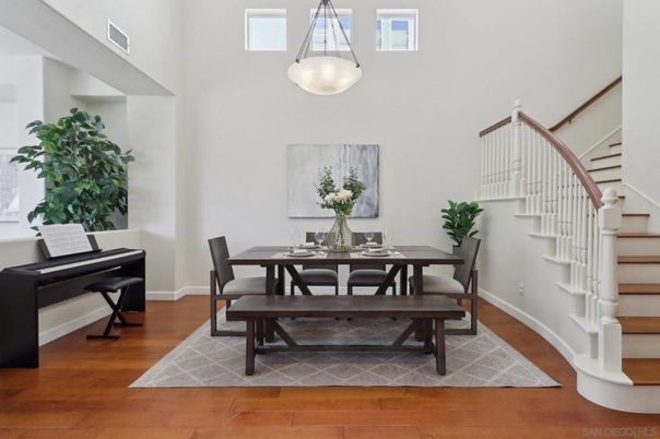 Dining room, Interior, Pendant Lights, Piano, Wood Texture Flooring