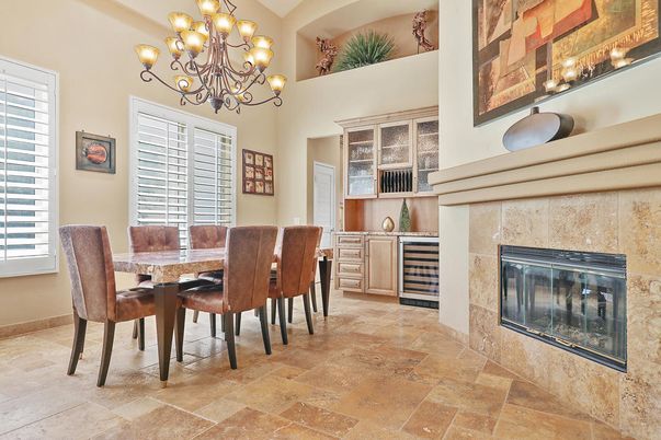 Chandelier, Dining room, Fireplace, Interior