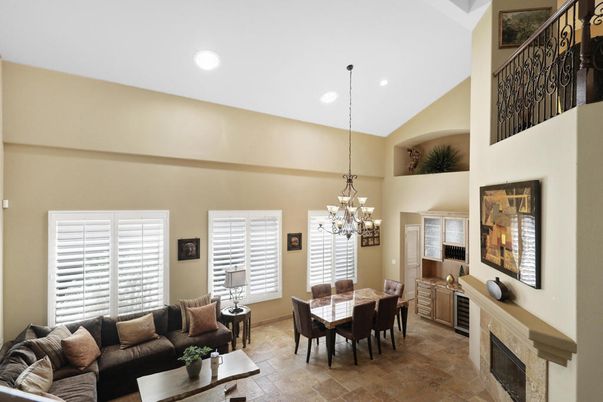 Chandelier, Dining room, Fireplace, Interior, Living room, Recessed Lighting