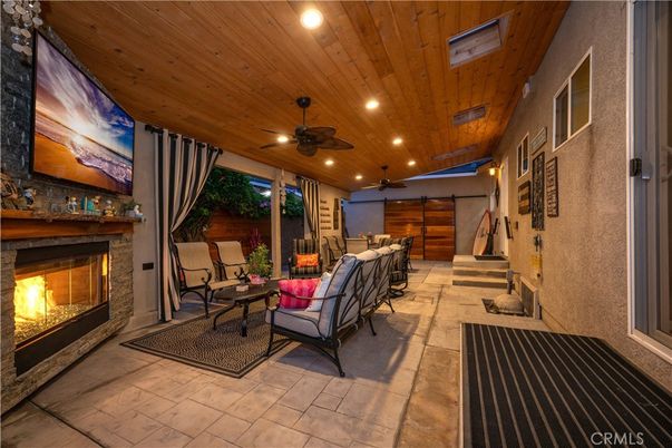 Exterior, Fireplace, Recessed Lighting, Wooden Ceilings