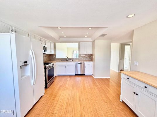 Interior, Kitchen, Recessed Lighting, Stainless Steel Appliances, Wood Texture Flooring