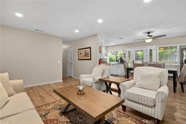 Dining room, Interior, Living room, Recessed Lighting, Wood Texture Flooring