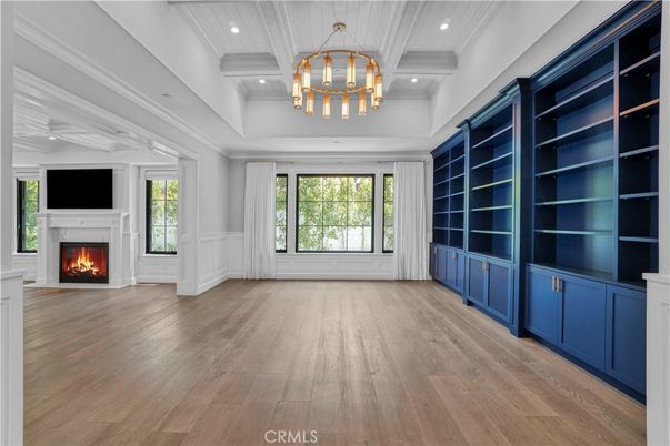 Empty room, Fireplace, Interior, Pendant Lights, Recessed Lighting, Wood Texture Flooring