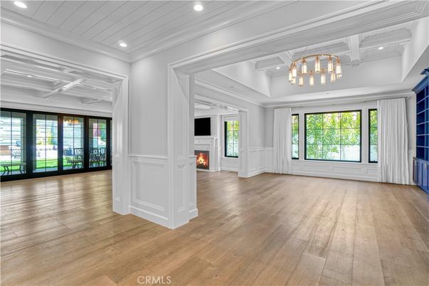 Empty room, Fireplace, Interior, Recessed Lighting, Wood Texture Flooring