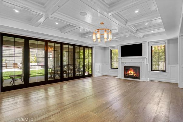 Empty room, Fireplace, Interior, Pendant Lights, Recessed Lighting, Wood Texture Flooring