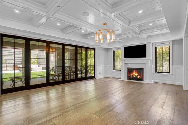 Empty room, Fireplace, Interior, Pendant Lights, Recessed Lighting, Wood Texture Flooring