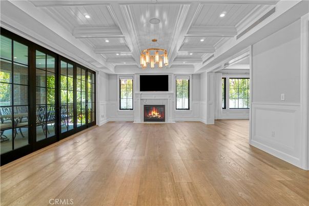 Empty room, Fireplace, Interior, Recessed Lighting, Wood Texture Flooring