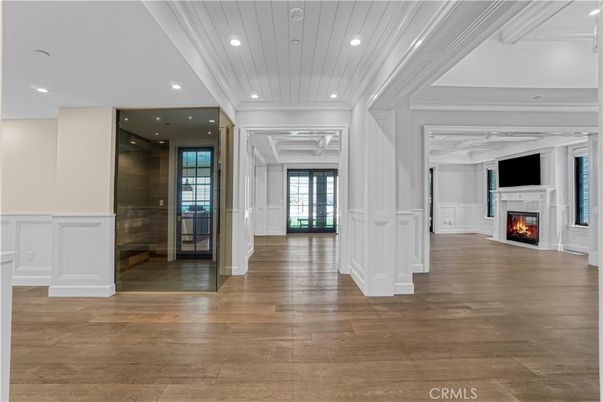 Empty room, Fireplace, Interior, Recessed Lighting, Wood Texture Flooring