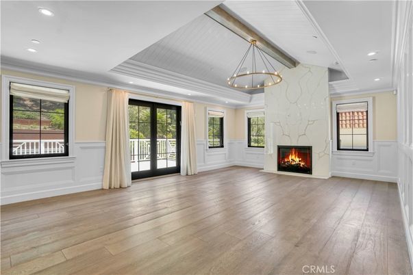 Empty room, Fireplace, Interior, Pendant Lights, Recessed Lighting, Wood Texture Flooring