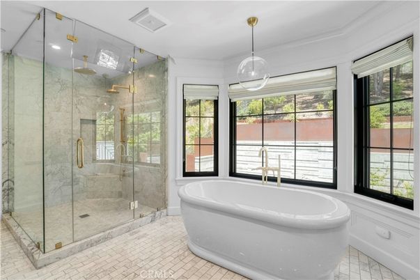 Bathroom, Free Standing Baths, Glass Shower, Interior, Marble Walls, Pendant Lights