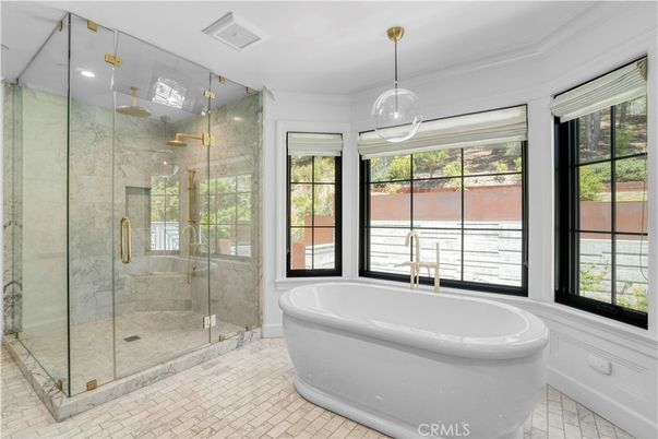 Bathroom, Free Standing Baths, Glass Shower, Interior, Marble Walls, Pendant Lights