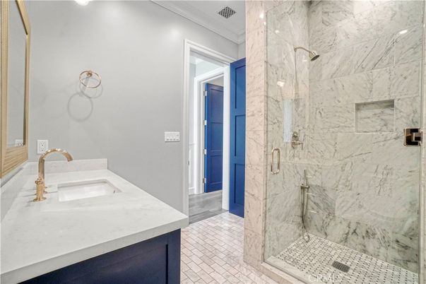 Bathroom, Glass Shower, Interior, Marble Walls, Recessed Lighting