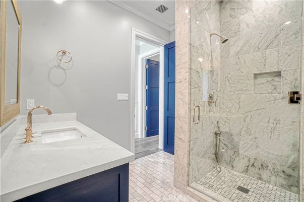 Bathroom, Glass Shower, Interior, Marble Walls, Recessed Lighting