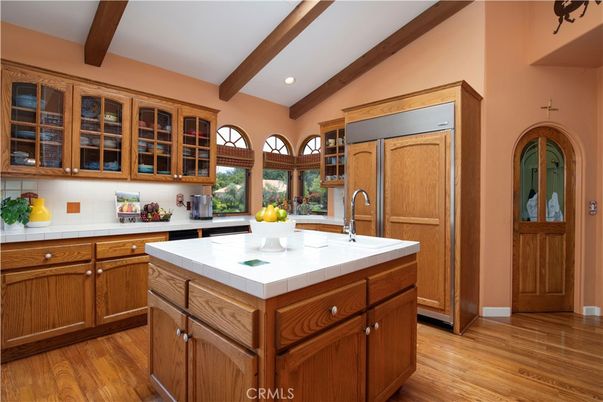 Interior, Kitchen, Recessed Lighting, Tile Countertops, Wooden Beams, Wood Texture Flooring