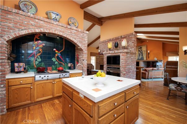 Fireplace, Interior, Kitchen, Stone Walls, Tile Countertops, Wooden Beams, Wood Texture Flooring