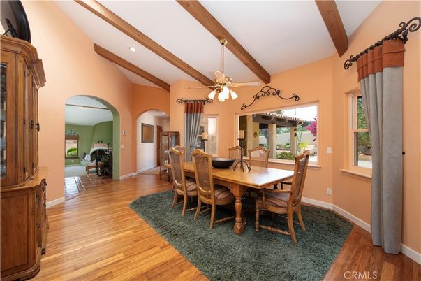 Dining room, Fireplace, Interior, Recessed Lighting, Wooden Beams, Wood Texture Flooring