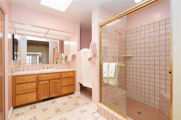 Bathroom, Glass Shower, Interior, Recessed Lighting, Tile Countertops