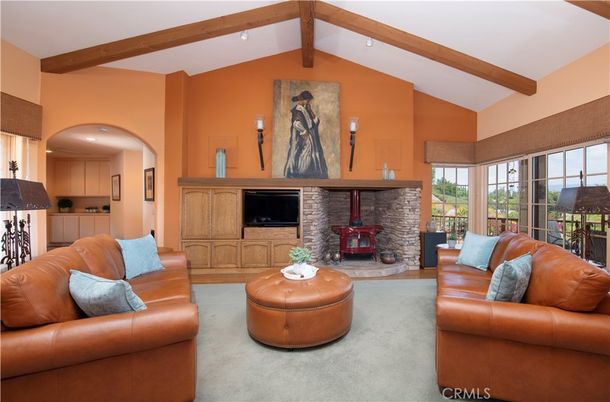 Fireplace, Interior, Living room, Recessed Lighting, Wooden Beams