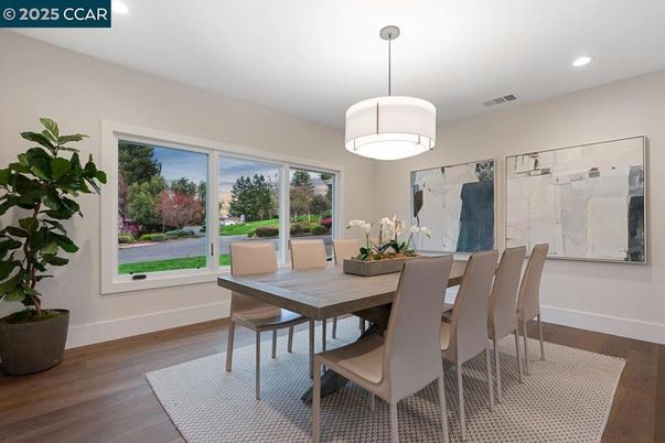 Dining room, Interior, Pendant Lights, Recessed Lighting, Wood Texture Flooring