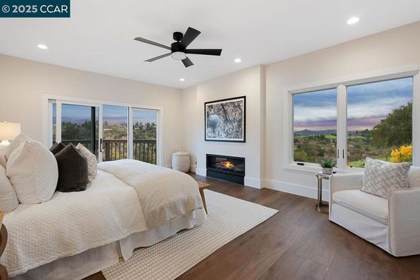 Bedroom, Fireplace, Interior, Recessed Lighting, Wood Texture Flooring