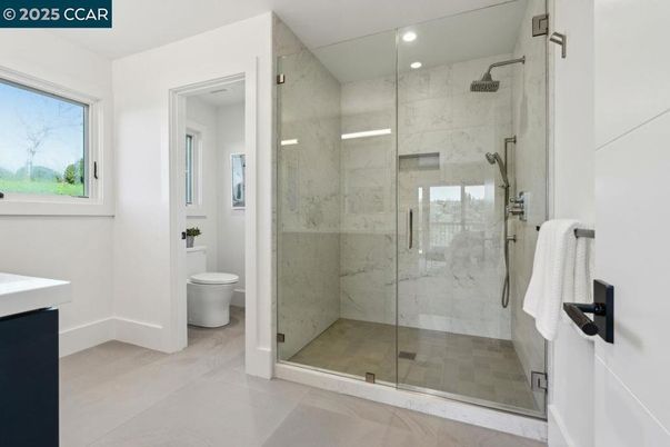 Bathroom, Glass Shower, Interior, Marble Walls, Recessed Lighting
