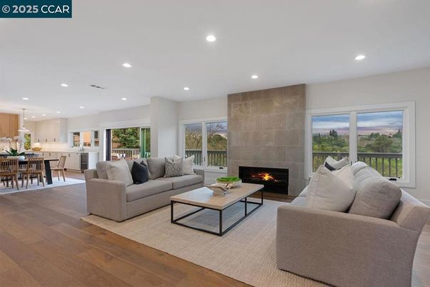 Dining room, Fireplace, Interior, Kitchen, Living room, Pendant Lights, Recessed Lighting, Wood Texture Flooring
