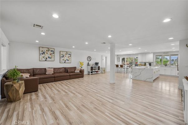 Interior, Kitchen, Living room, Marble Walls, Recessed Lighting, Wood Texture Flooring
