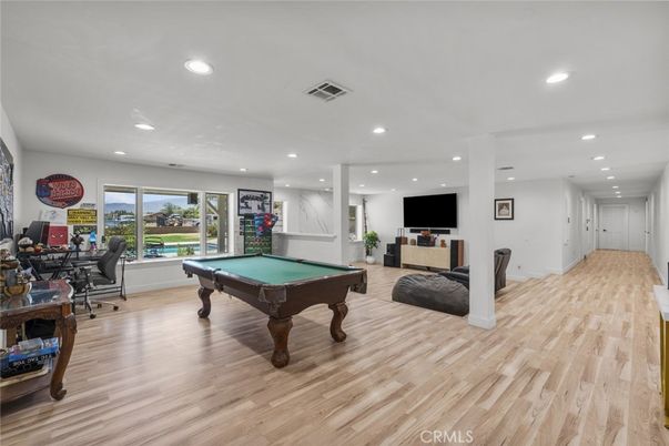 Billiard Table, Game Room, Home Office, Interior, Recessed Lighting, Wood Texture Flooring