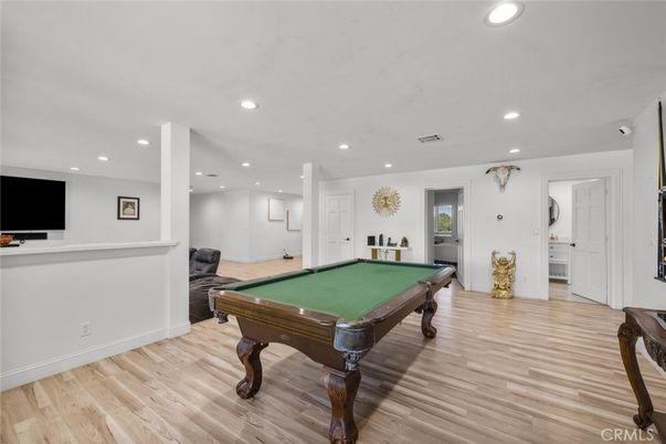 Billiard Table, Game Room, Interior, Recessed Lighting, Wood Texture Flooring