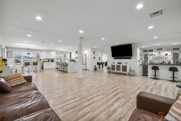 Dining room, Interior, Kitchen, Living room, Recessed Lighting, Wood Texture Flooring