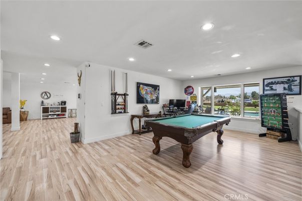 Billiard Table, Game Room, Interior, Recessed Lighting, Wood Texture Flooring