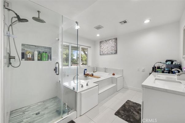 Bathroom, Dual Sink Vanities, Glass Shower, Interior, Recessed Lighting