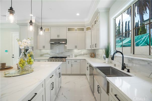 Interior, Kitchen, Marble, Pendant Lights, Recessed Lighting, Stainless Steel Appliances