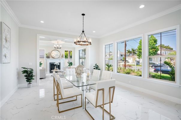 Chandelier, Dining room, Fireplace, Interior, Marble, Recessed Lighting