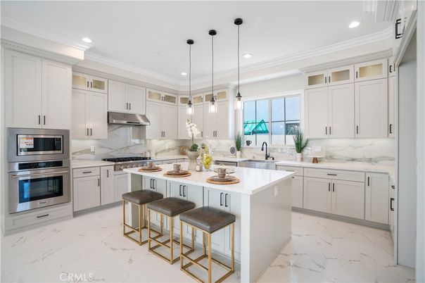 Interior, Kitchen, Marble, Pendant Lights, Recessed Lighting, Stainless Steel Appliances