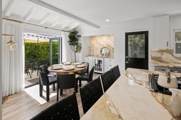 Dining room, Interior, Marble Walls, Recessed Lighting, Wood Texture Flooring