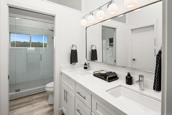 Bathroom, Dual Sink Vanities, Glass Shower, Interior, Wood Texture Flooring