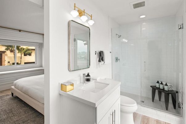Bathroom, Glass Shower, Interior, Recessed Lighting, Wood Texture Flooring
