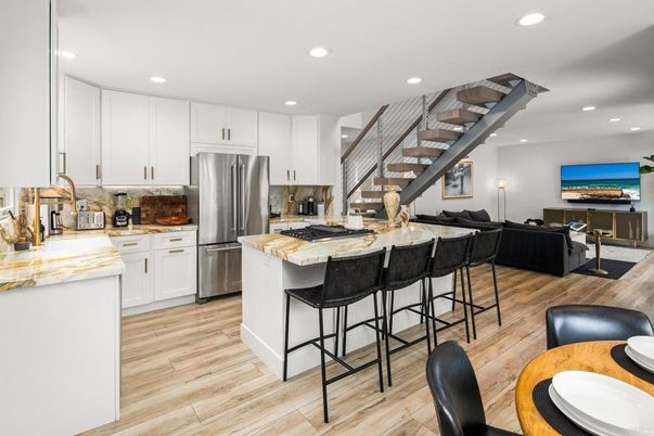 Interior, Kitchen, Living room, Recessed Lighting, Stainless Steel Appliances, Wood Texture Flooring