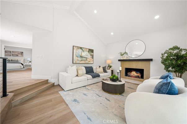 Fireplace, Interior, Living room, Recessed Lighting, Wood Texture Flooring