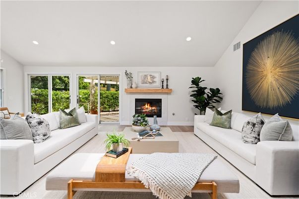 Fireplace, Interior, Living room, Recessed Lighting, Wood Texture Flooring
