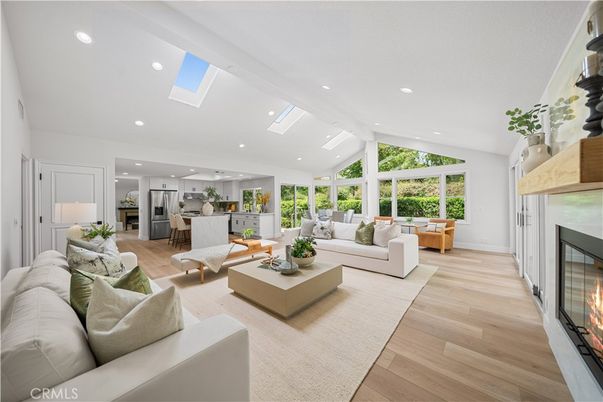 Fireplace, Interior, Kitchen, Living room, Recessed Lighting, Wood Texture Flooring