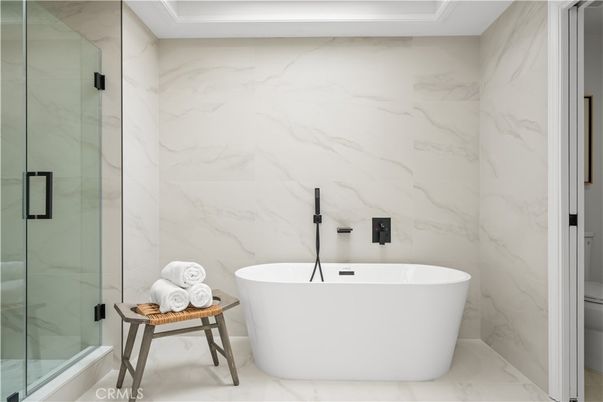 Bathroom, Free Standing Baths, Glass Shower, Interior, Marble, Marble Walls