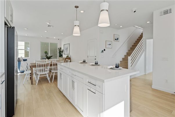 Dining room, Interior, Pendant Lights, Recessed Lighting, Wood Texture Flooring